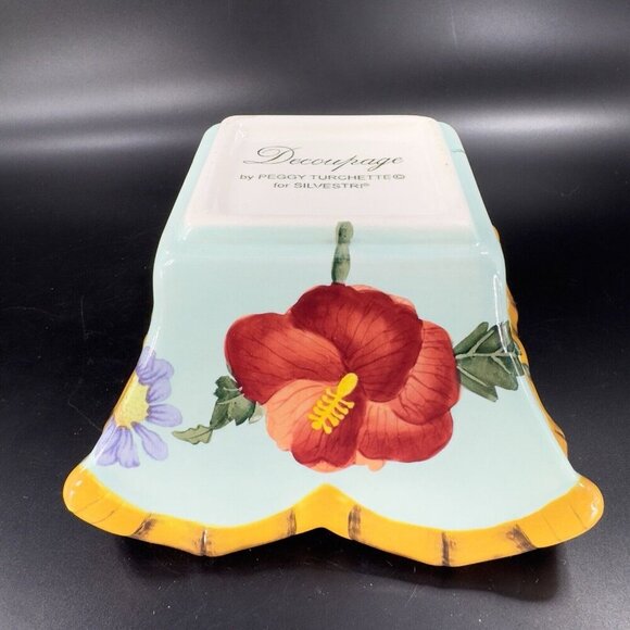 Silvestri Decoupage Peggy Turchette Blue Firefly Floral Bowl Planter Ceramic VTG - Picture 10 of 16